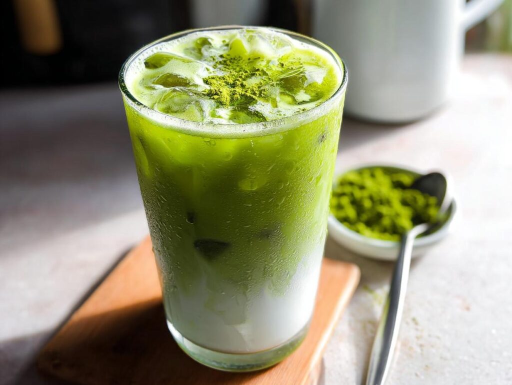 A tall, sweating glass of Iced Matcha Latte Starbucks Style showing layers of milk and vibrant green matcha, topped with powder.