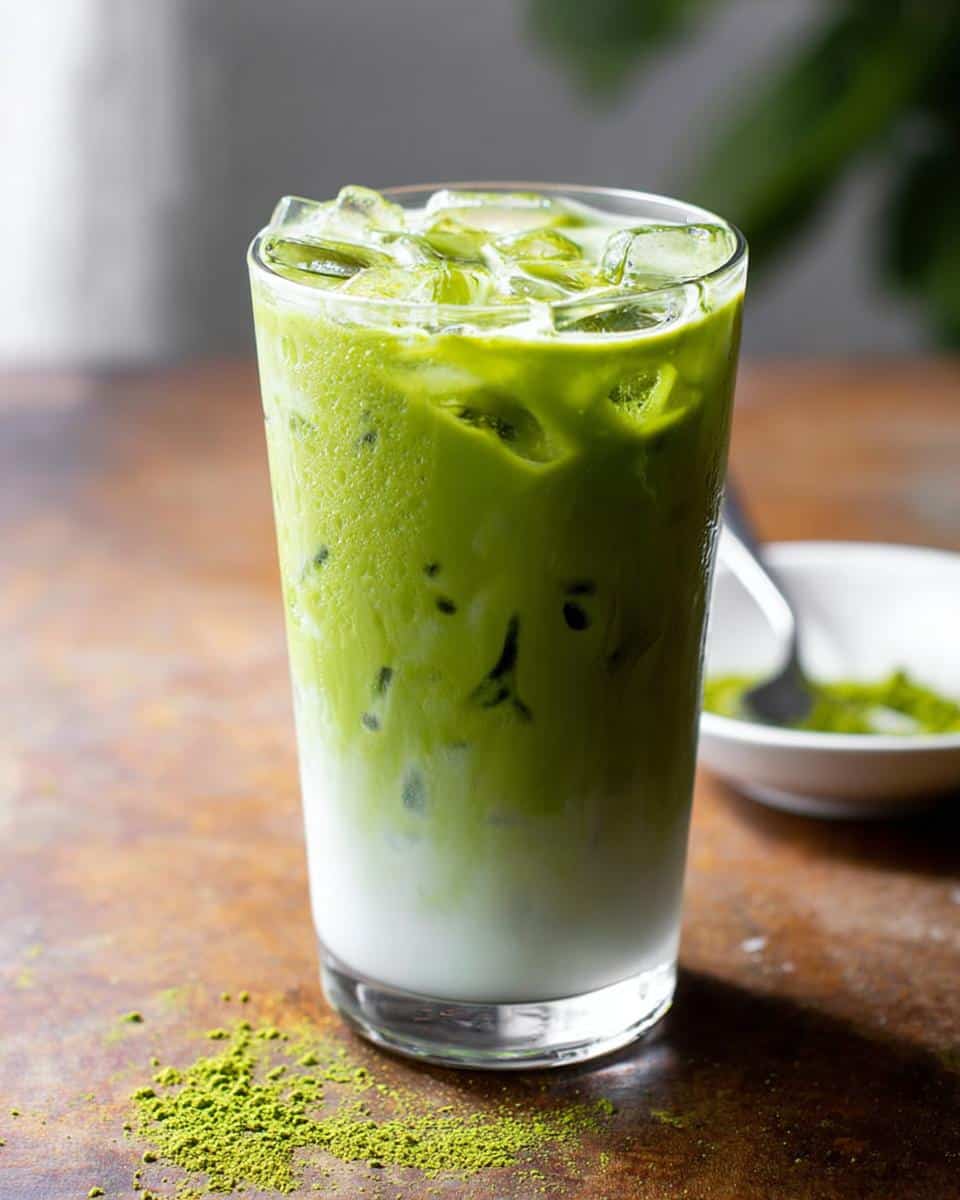 A tall glass of Iced Matcha Latte Starbucks Style showing layered milk and vibrant green matcha, filled with ice cubes.