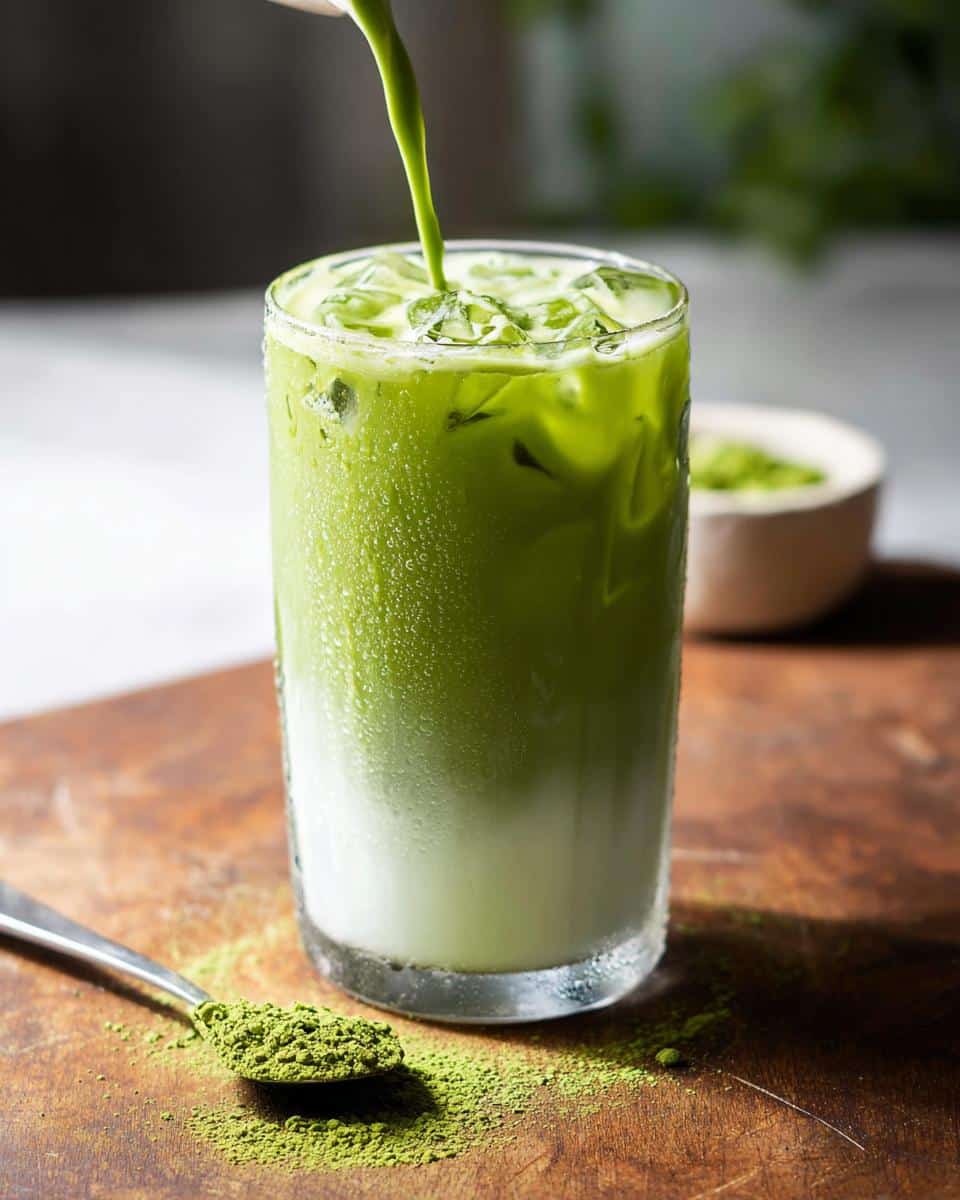 Matcha being poured over ice and milk to create an Iced Matcha Latte Starbucks Style.