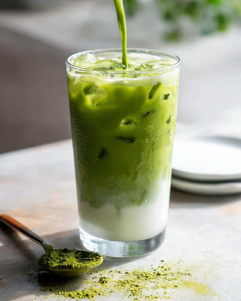 Matcha being poured over ice and milk to create an Iced Matcha Latte Starbucks Style.