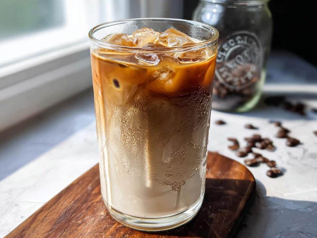 A tall glass filled with a layered Iced Vanilla Latte Starbucks Style, showing milk, espresso, and ice cubes, sitting on a wooden coaster.