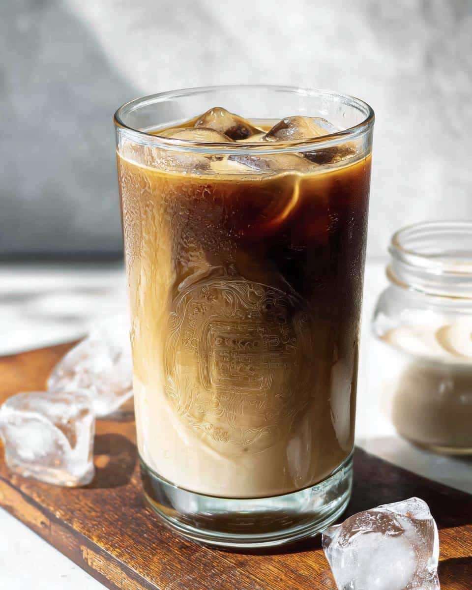 Close-up of a tall glass filled with an Iced Vanilla Latte Starbucks Style, showing layers of milk and espresso over ice.