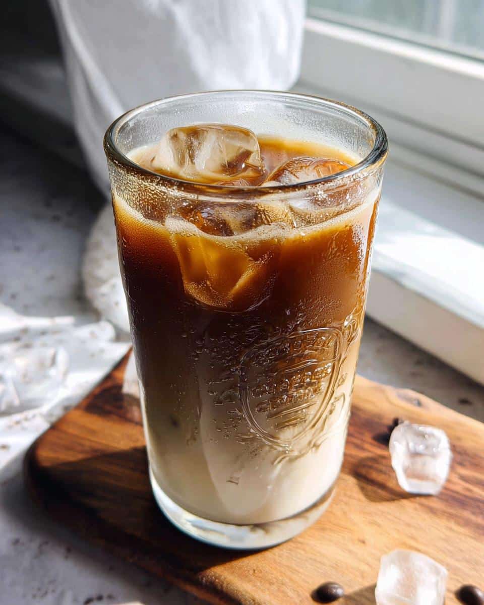 A tall glass of Iced Vanilla Latte Starbucks Style, showing layered milk and coffee over ice cubes.