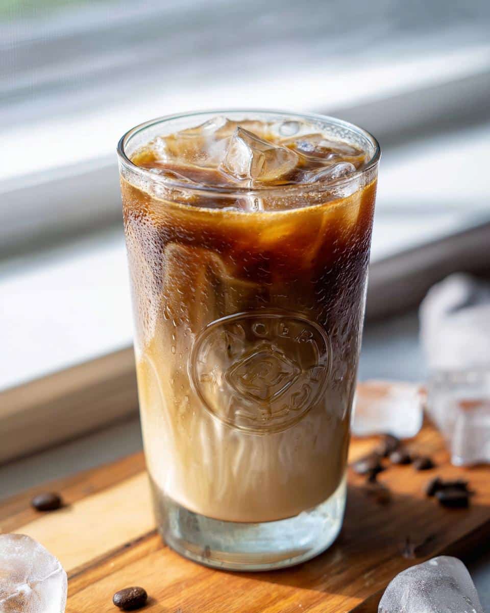 A tall glass of Iced Vanilla Latte Starbucks Style showing layers of milk and espresso over ice.