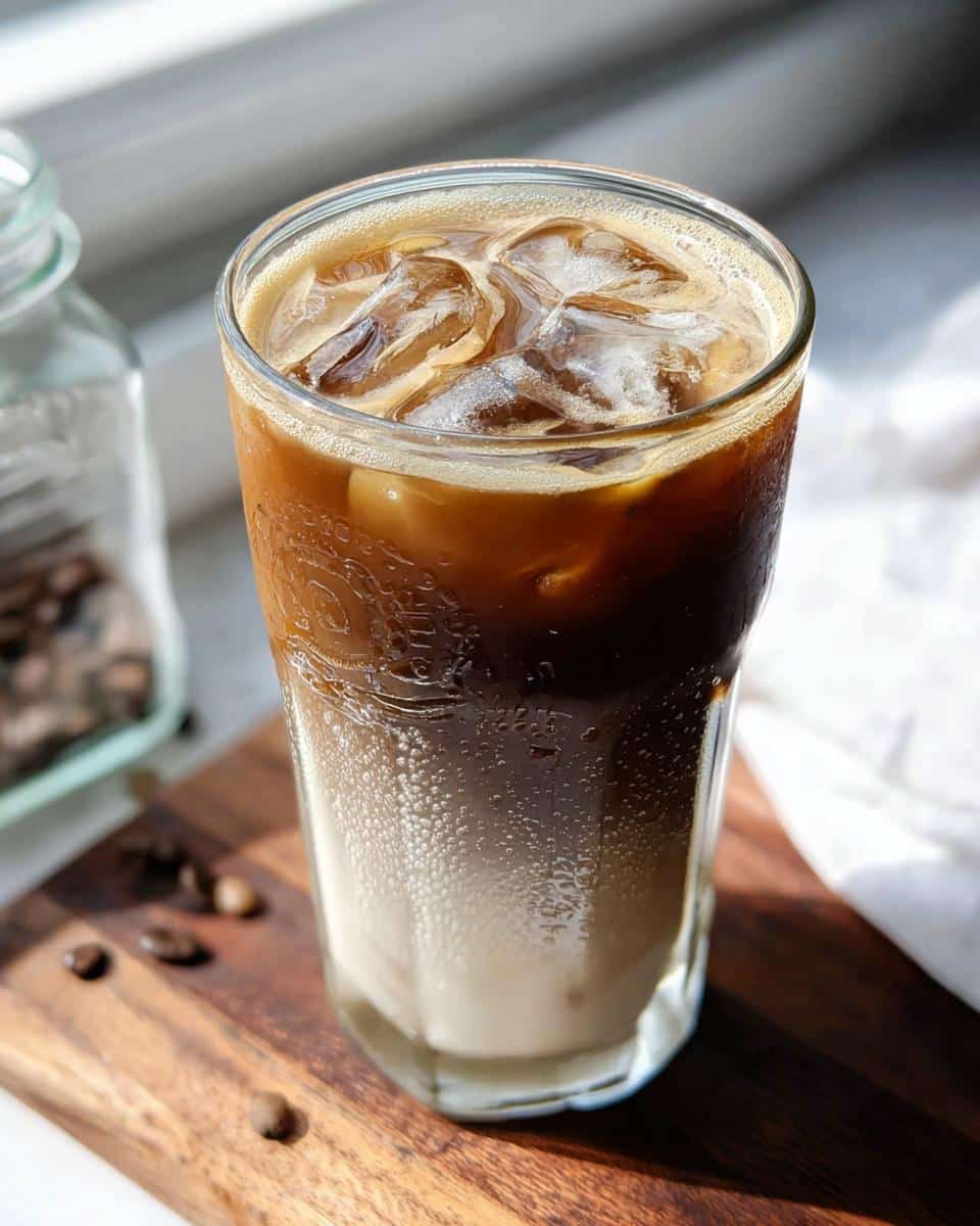A tall glass of Iced Vanilla Latte Starbucks Style showing distinct layers of milk and coffee, filled with ice.