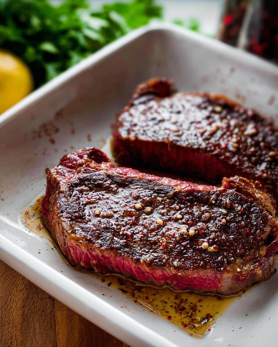 Two medium-rare steaks resting in a white dish after being coated with a flavorful Keto Steak Marinade.