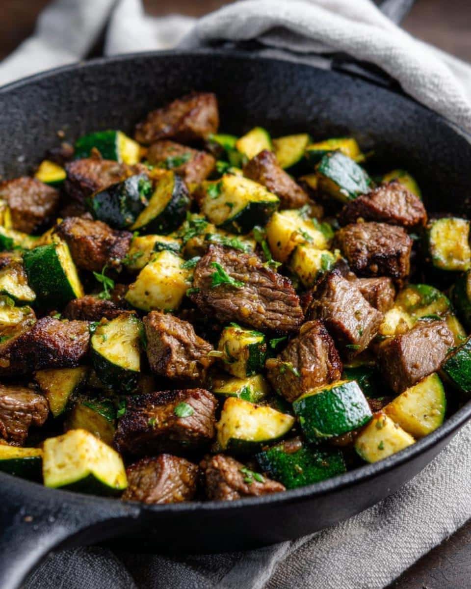Close-up of perfectly seared steak cubes mixed with sautéed zucchini in a black cast iron skillet, part of a Keto Steak Zucchini Skillet.