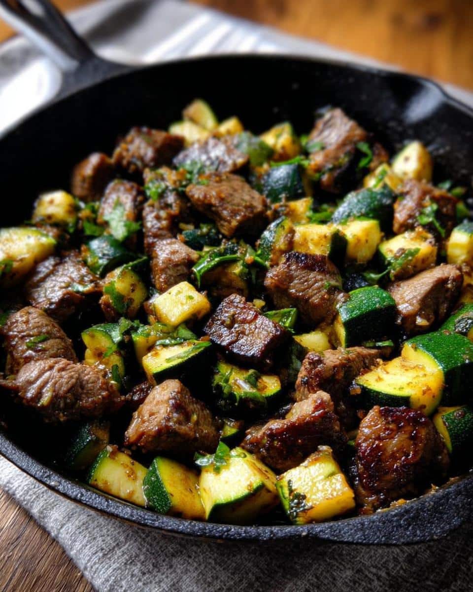 Close-up of browned steak chunks mixed with sautéed zucchini in a black cast iron skillet, perfect for Keto Steak Zucchini Skillet.