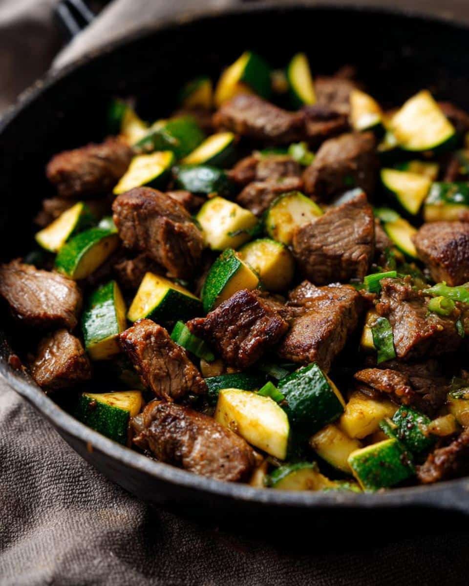 Close-up of seared steak cubes mixed with bright green and yellow zucchini chunks in a black cast iron Keto Steak Zucchini Skillet.