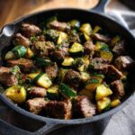 Close-up of Keto Steak Zucchini Skillet featuring browned steak cubes and sautéed zucchini in a cast iron pan.
