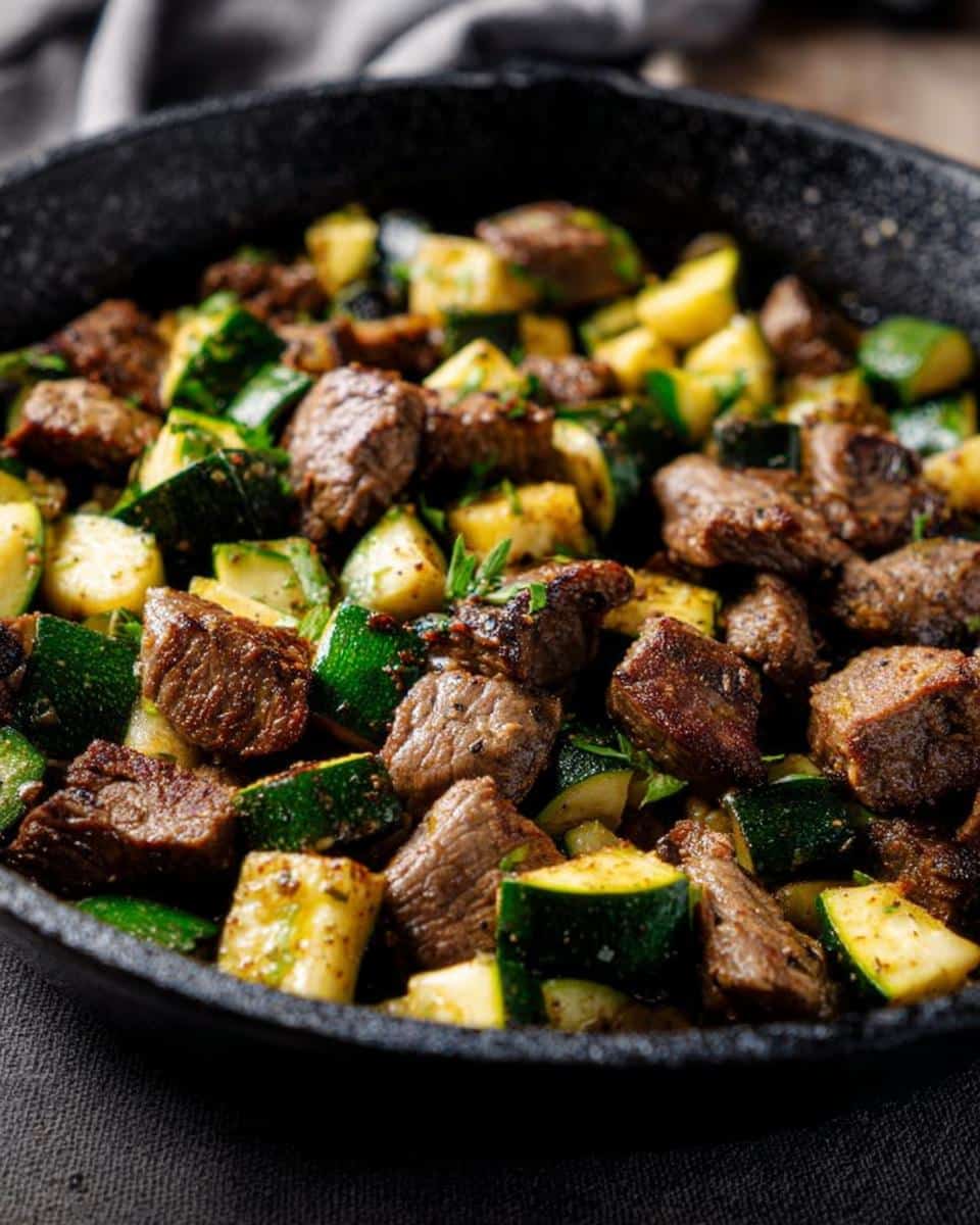 Close-up of seasoned steak bites and chopped zucchini cooked together in a Keto Steak Zucchini Skillet.