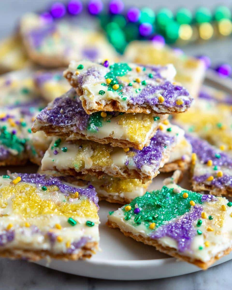 A stack of King Cake Cracker Candy pieces topped with white icing and purple, green, and gold Mardi Gras sprinkles.