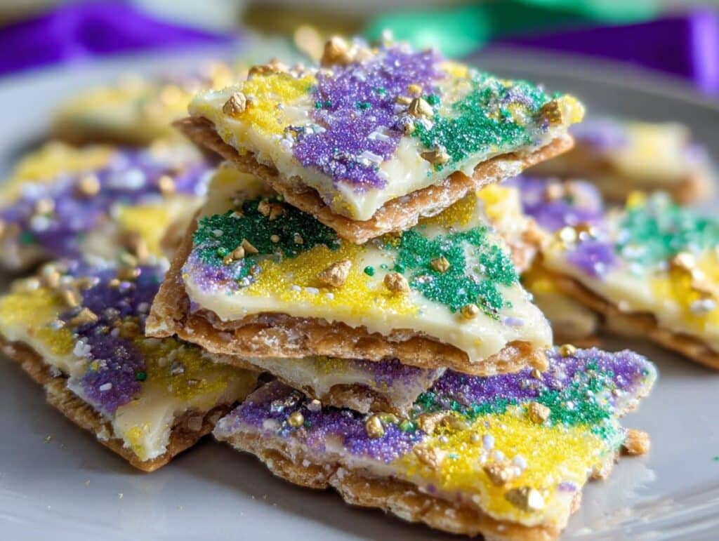 A stack of King Cake Cracker Candy pieces topped with white icing and purple, green, and gold Mardi Gras sprinkles.