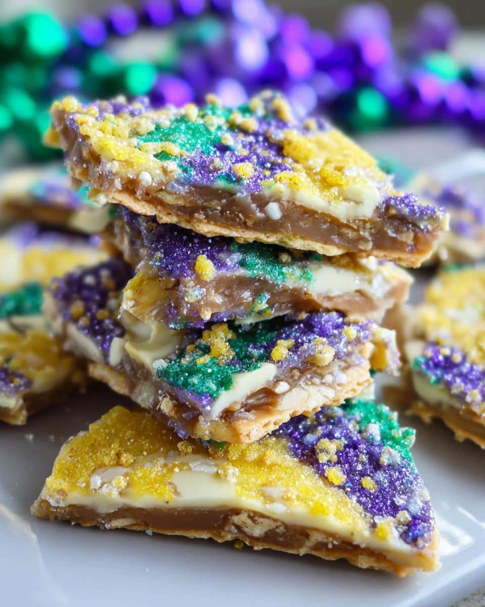 A stack of King Cake Cracker Candy pieces topped with purple, green, and gold Mardi Gras sprinkles.