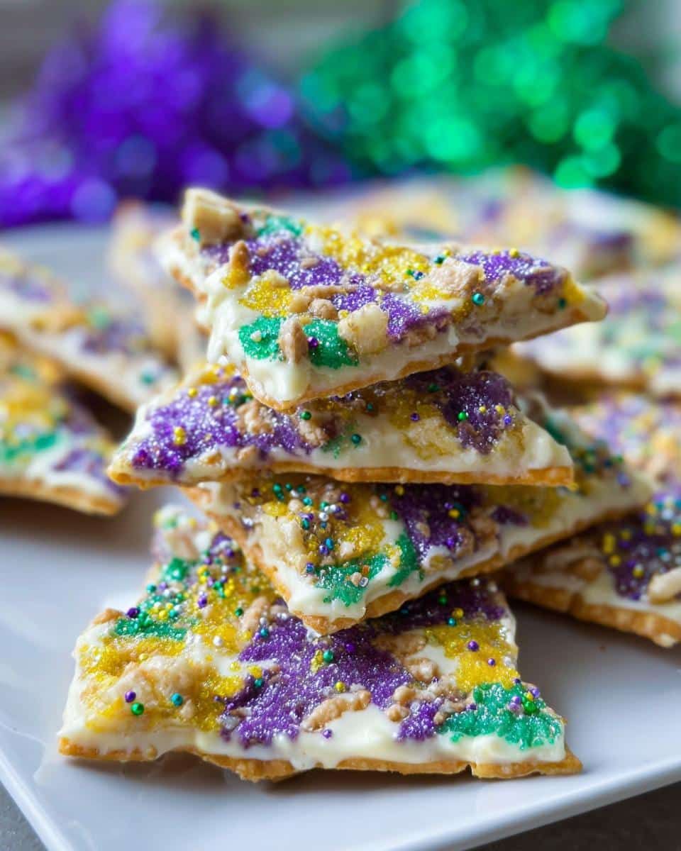 A stack of King Cake Cracker Candy pieces topped with purple, green, and gold sprinkles.