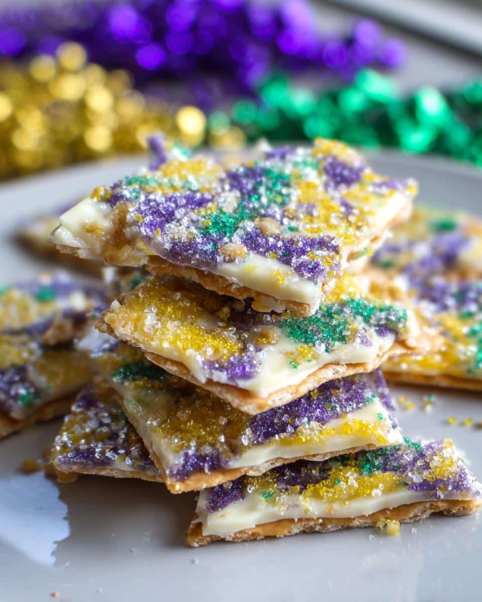 A stack of broken pieces of King Cake Cracker Candy topped with white chocolate and purple, gold, and green sprinkles.
