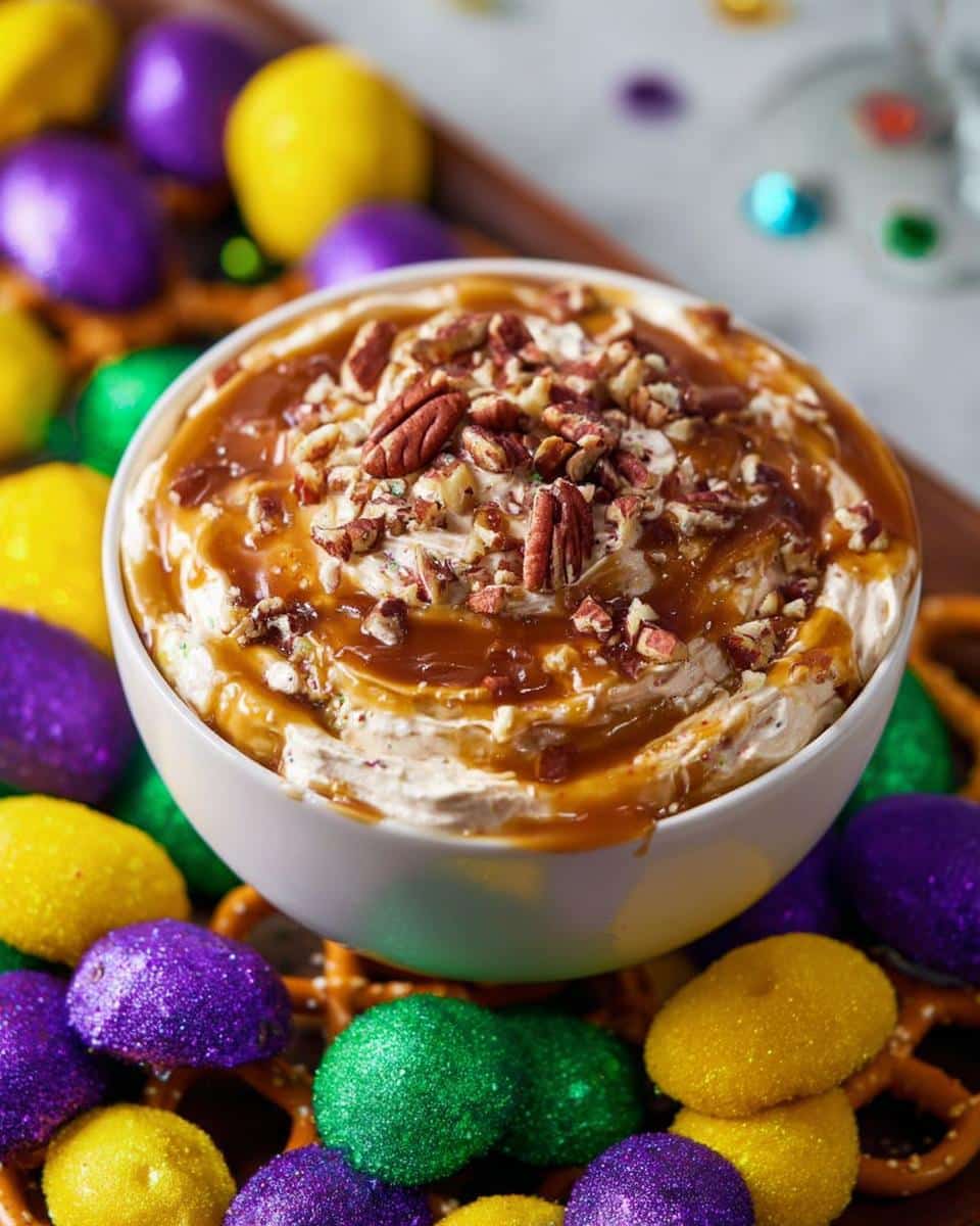 A bowl of King Cake Dessert Dip topped with caramel sauce and chopped pecans, surrounded by Mardi Gras colored marshmallow candies and pretzels.