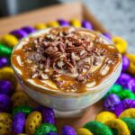 A rich King Cake Dessert Dip served in a glass bowl, drizzled with caramel and topped generously with pecans.