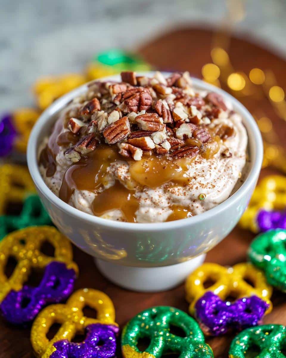 A bowl of King Cake Dessert Dip topped with caramel sauce and chopped pecans, surrounded by Mardi Gras colored pretzels.