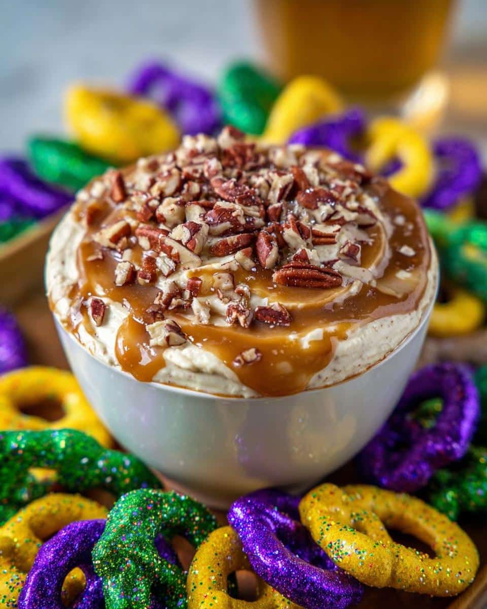 A bowl of creamy King Cake Dessert Dip drizzled with caramel and topped with chopped pecans, surrounded by Mardi Gras colored pretzels.