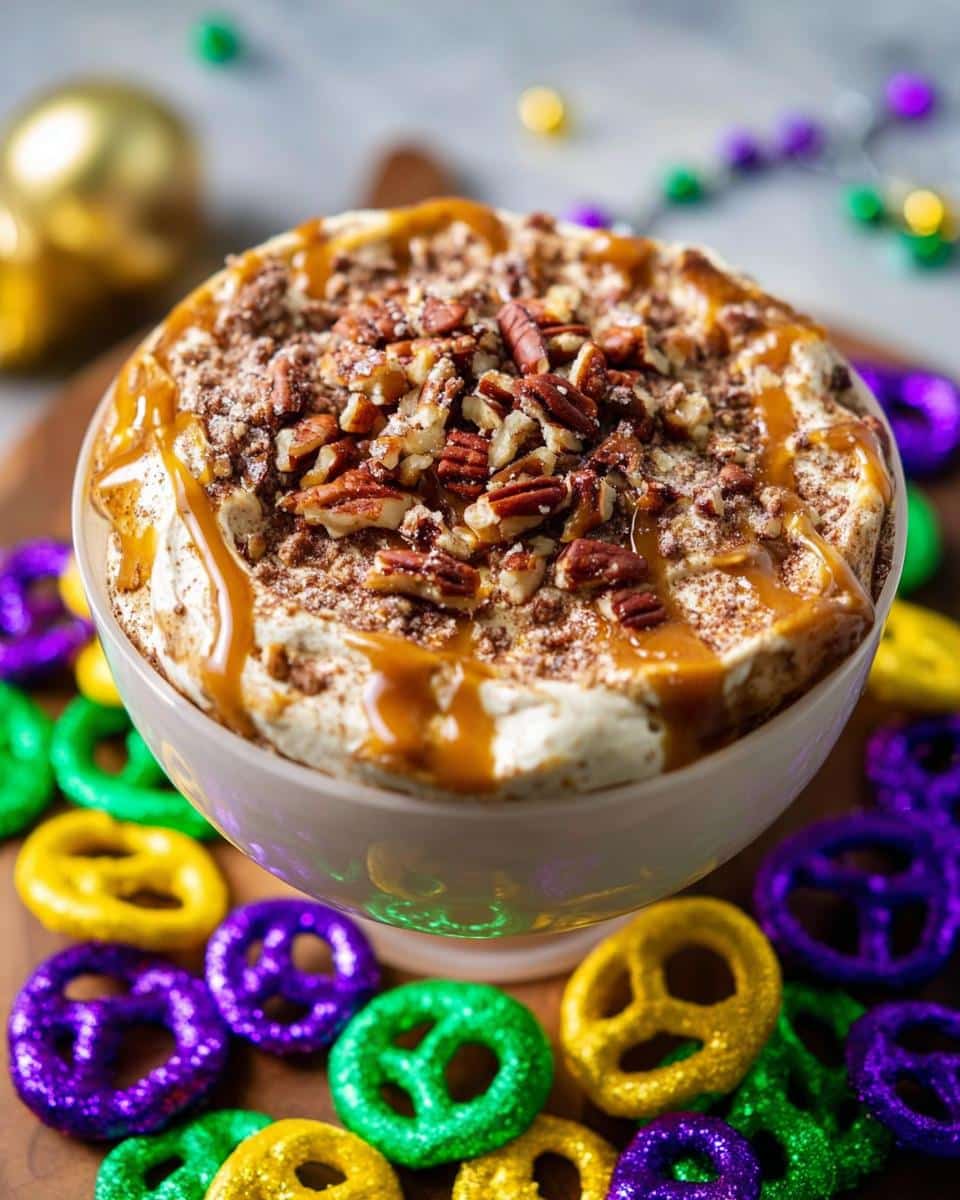 A bowl of King Cake Dessert Dip topped with caramel, pecans, and sprinkles, surrounded by Mardi Gras pretzels.