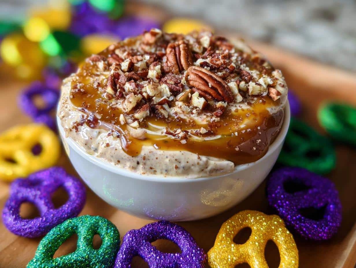 A bowl of rich King Cake Dessert Dip topped with caramel sauce and pecans, surrounded by Mardi Gras colored pretzels.