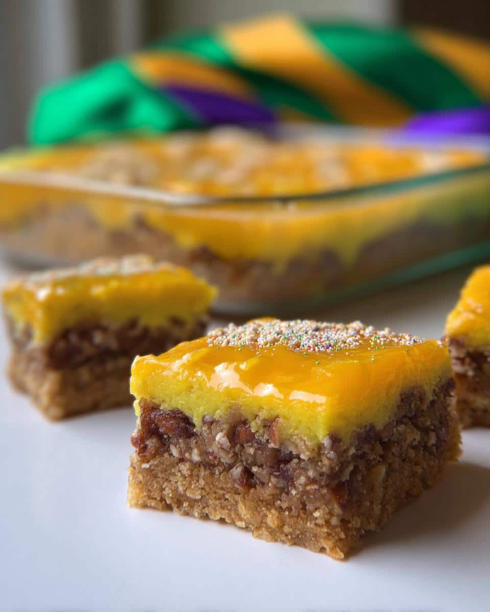 Close-up of King Cake Inspired Dessert Bars with a thick yellow glaze and sprinkles, Mardi Gras colors in background.