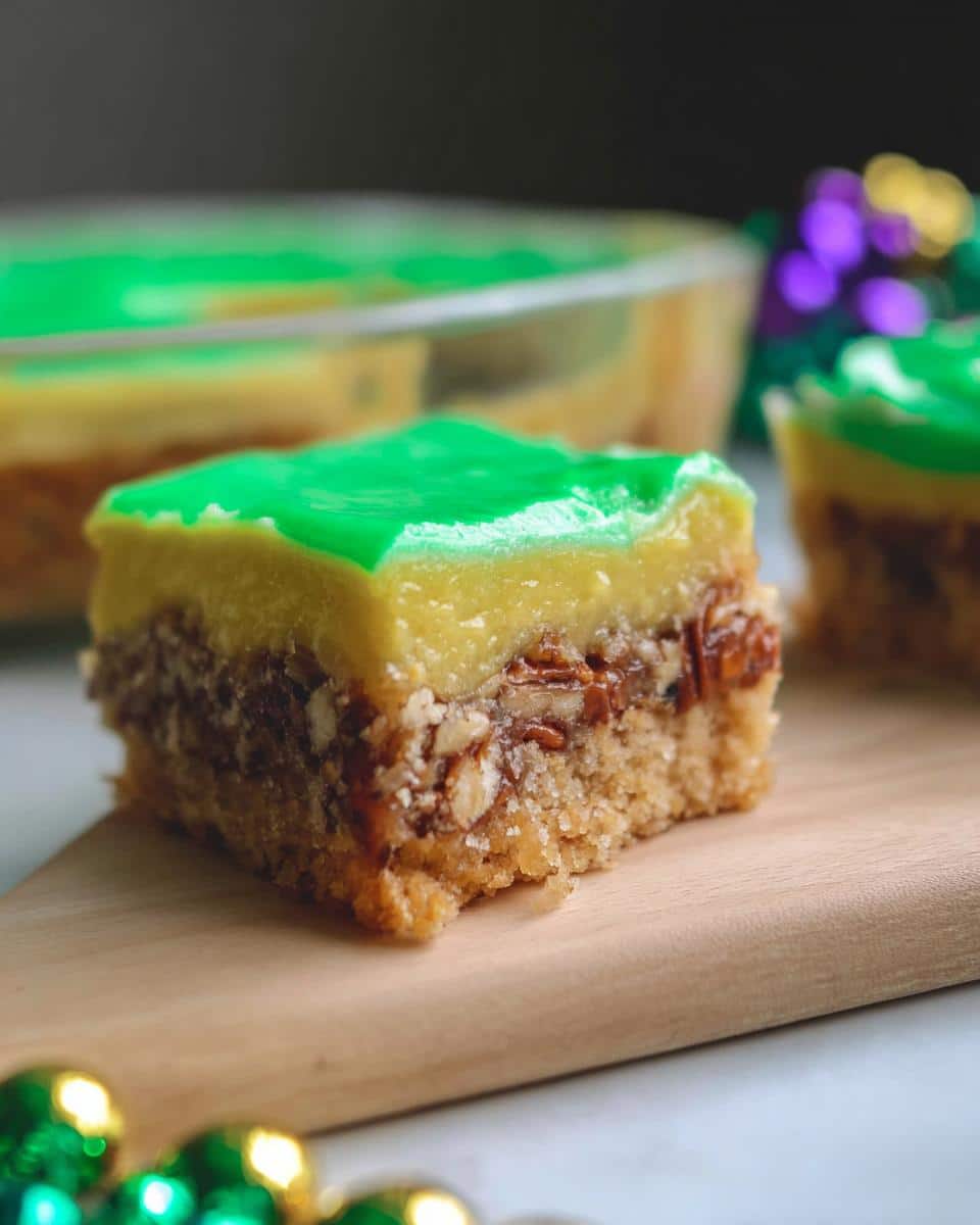 Close-up of a King Cake Inspired Dessert Bars square with green icing, sitting on a wooden board with Mardi Gras beads.
