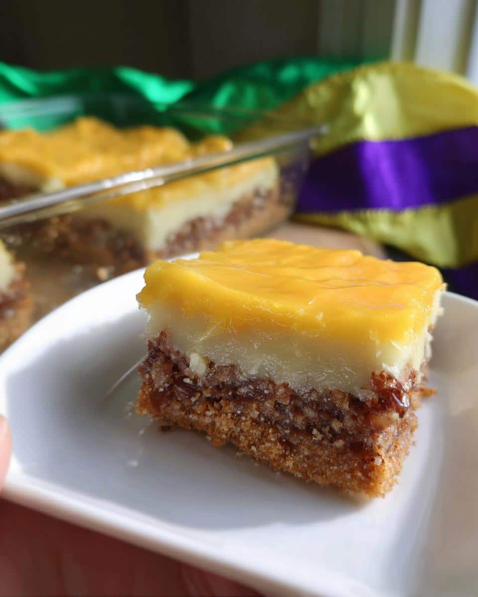 A square slice of King Cake Inspired Dessert Bars with a thick graham crust, creamy filling, and bright yellow glaze.