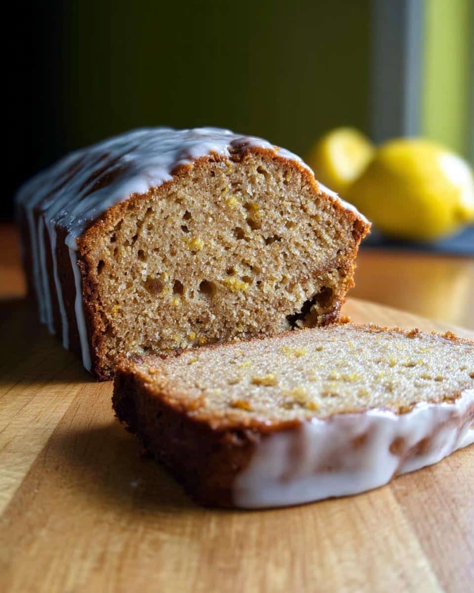 A loaf of moist Lemon Banana Bread, partially sliced, drizzled with white lemon glaze.