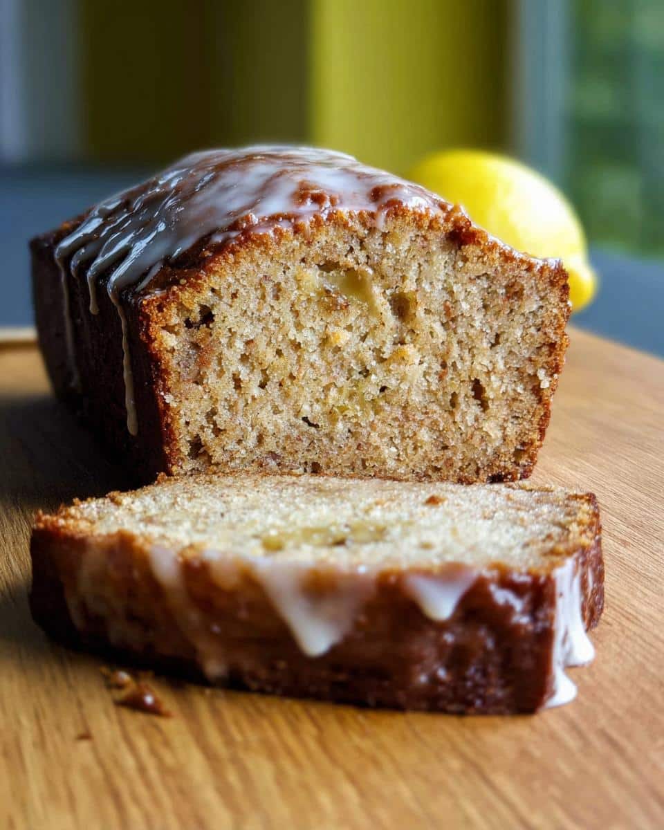 A loaf of Lemon Banana Bread, sliced to show the moist interior, drizzled with a white lemon glaze.