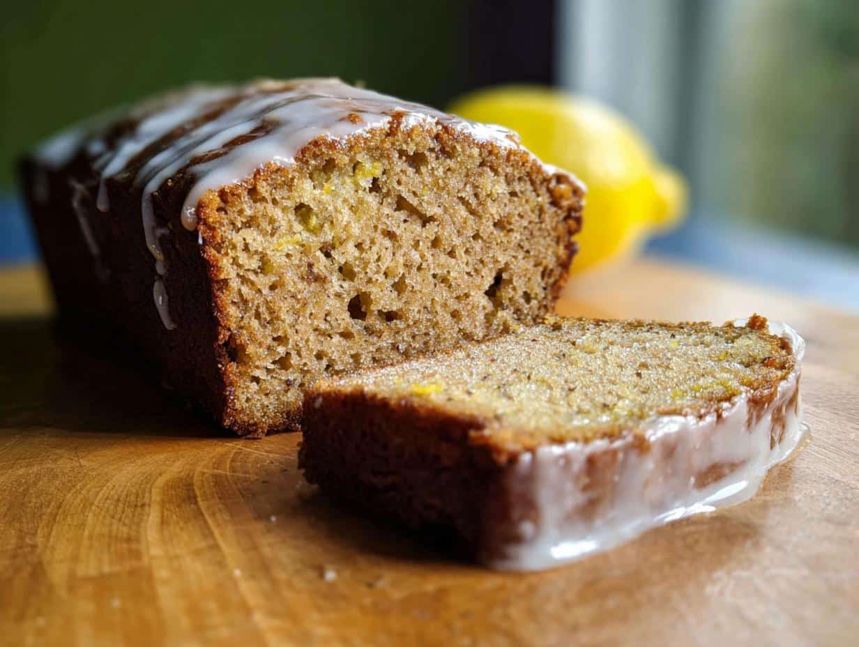 A loaf of moist Lemon Banana Bread with a thick white glaze, one slice cut and resting beside it.