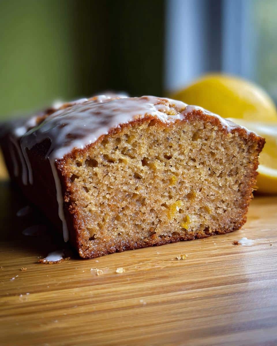 Close-up of a moist slice of Lemon Banana Bread topped with a white sugar glaze, resting on a wooden board.