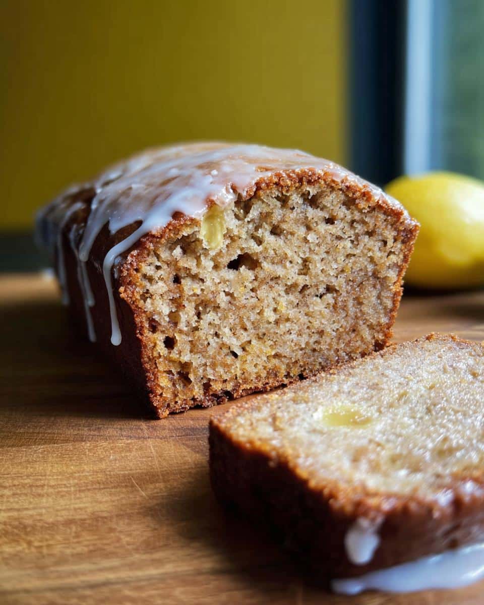 Close-up of a sliced Lemon Banana Bread loaf topped with white lemon glaze on a wooden board.
