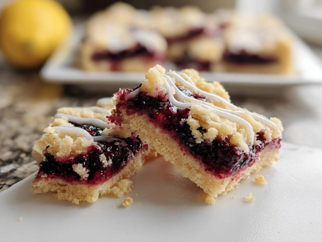 Two pieces of Lemon Blueberry Gluten-Free Bars with a thick berry filling and white icing drizzle.