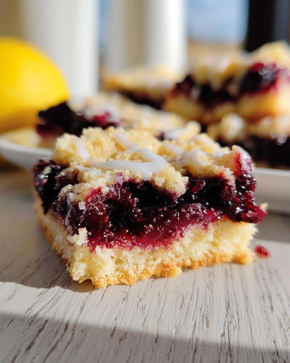 A close-up of a square Lemon Blueberry Gluten-Free Bars showing the crumbly base, thick berry filling, and white glaze.