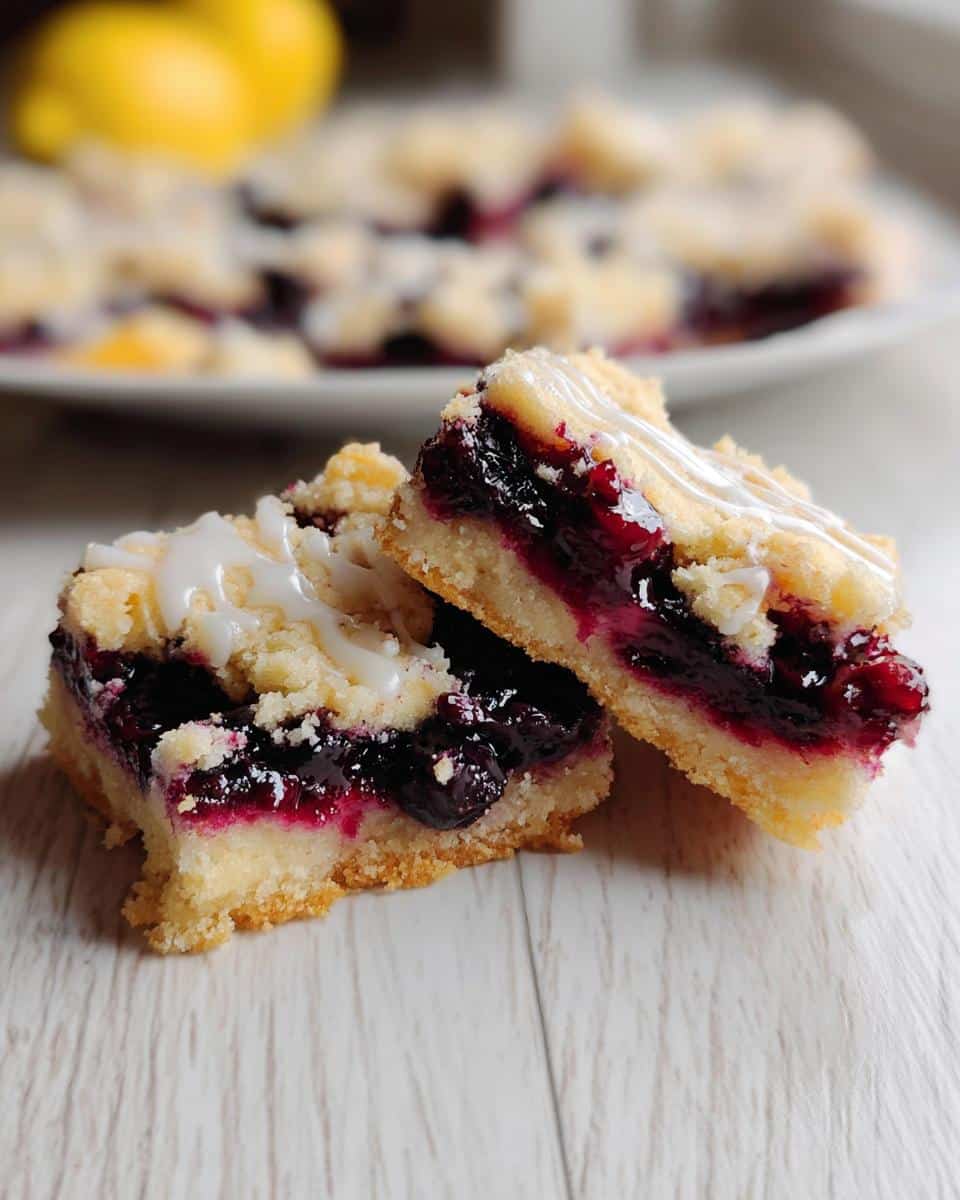 Two stacked squares of Lemon Blueberry Gluten-Free Bars showing the thick blueberry filling and crumb topping with white glaze.