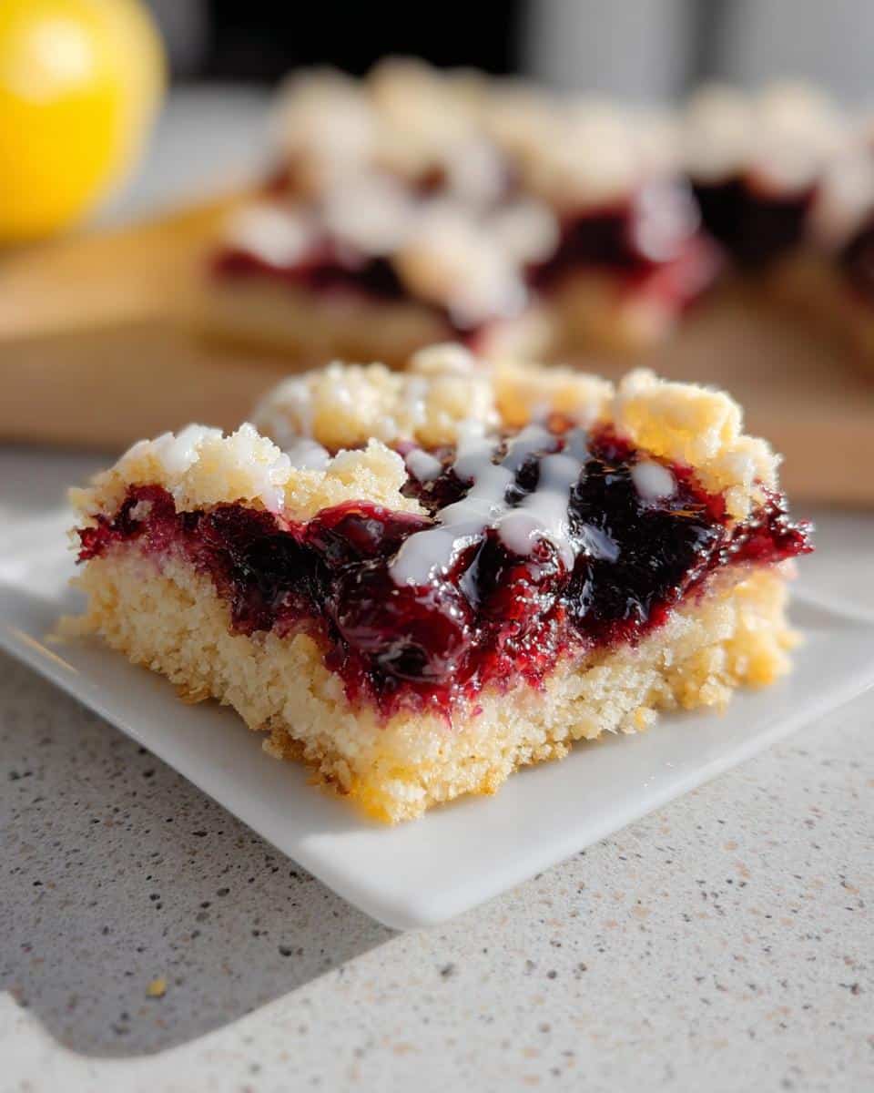 A close-up of a single serving of Lemon Blueberry Gluten-Free Bars with a thick berry layer and white icing drizzle.