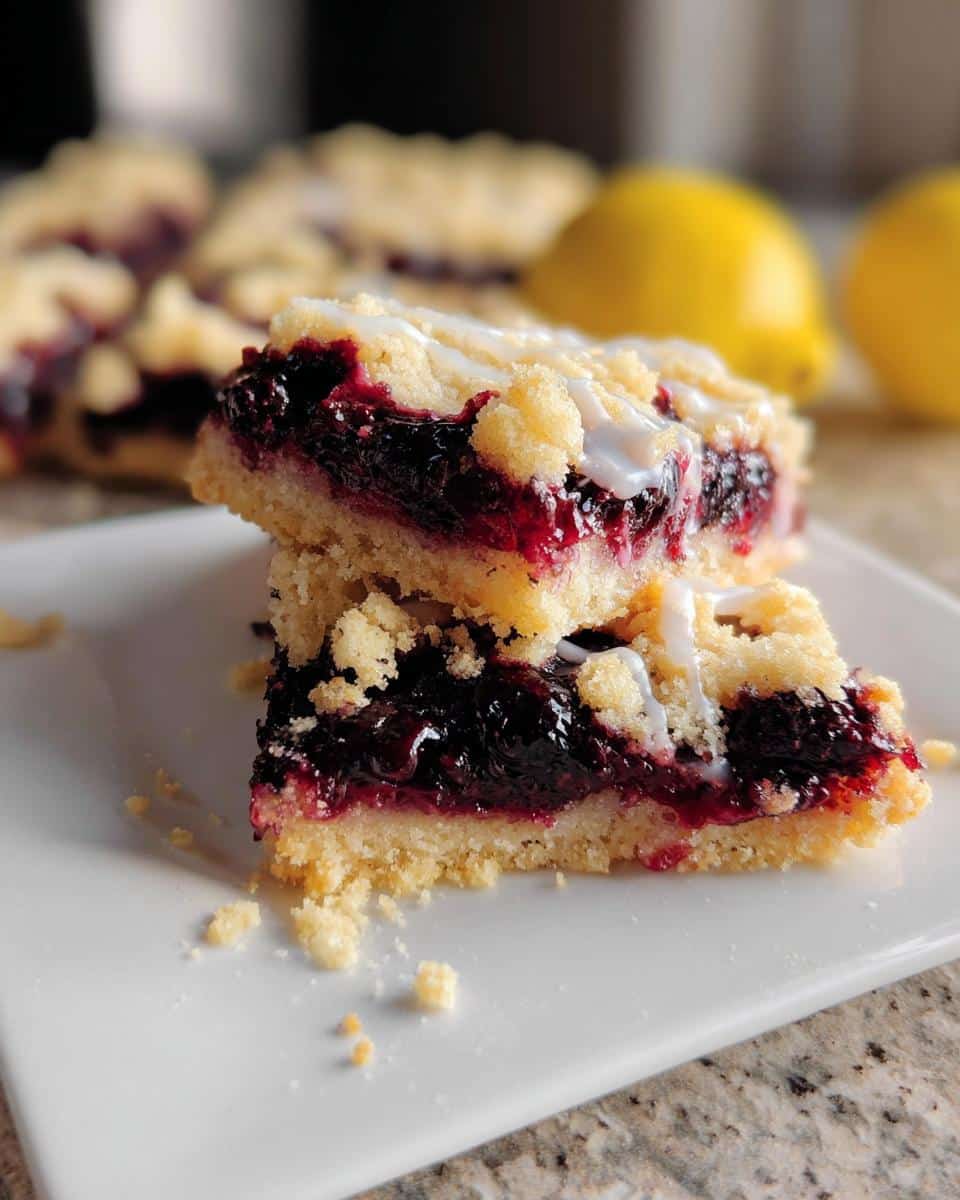 Two stacked Lemon Blueberry Gluten-Free Bars with a thick berry filling and white glaze drizzled on top.