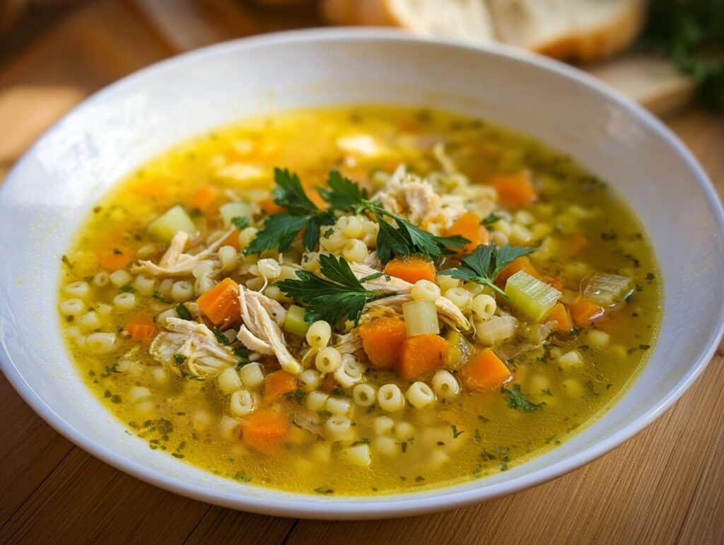 A close-up of a white bowl filled with Lemon Chicken Immune Soup, featuring shredded chicken, carrots, celery, and small pasta.