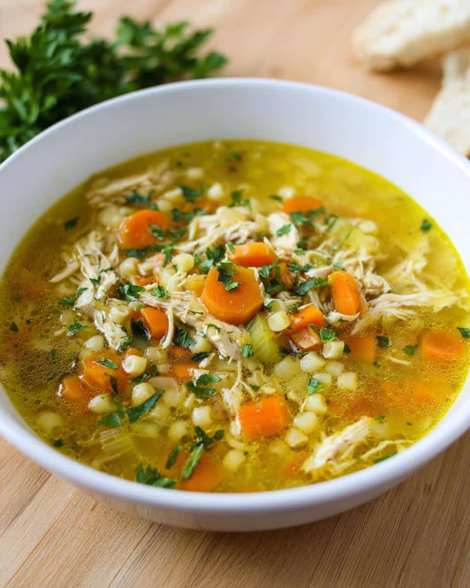 Close-up of a white bowl filled with rich, yellow Lemon Chicken Immune Soup featuring shredded chicken, sliced carrots, and small pasta shapes.
