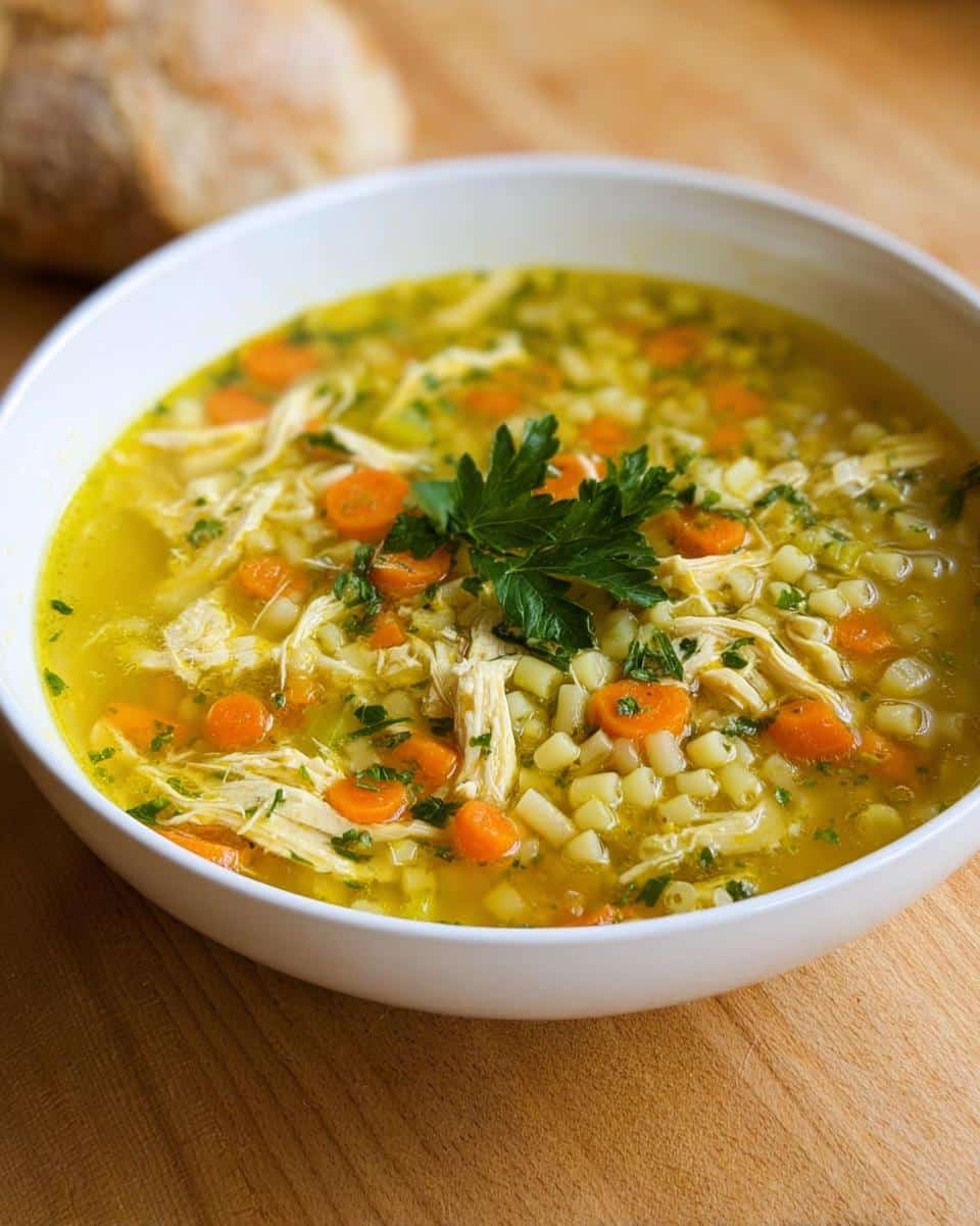 A close-up of a white bowl filled with rich, yellow Lemon Chicken Immune Soup, featuring shredded chicken, sliced carrots, and small pasta.