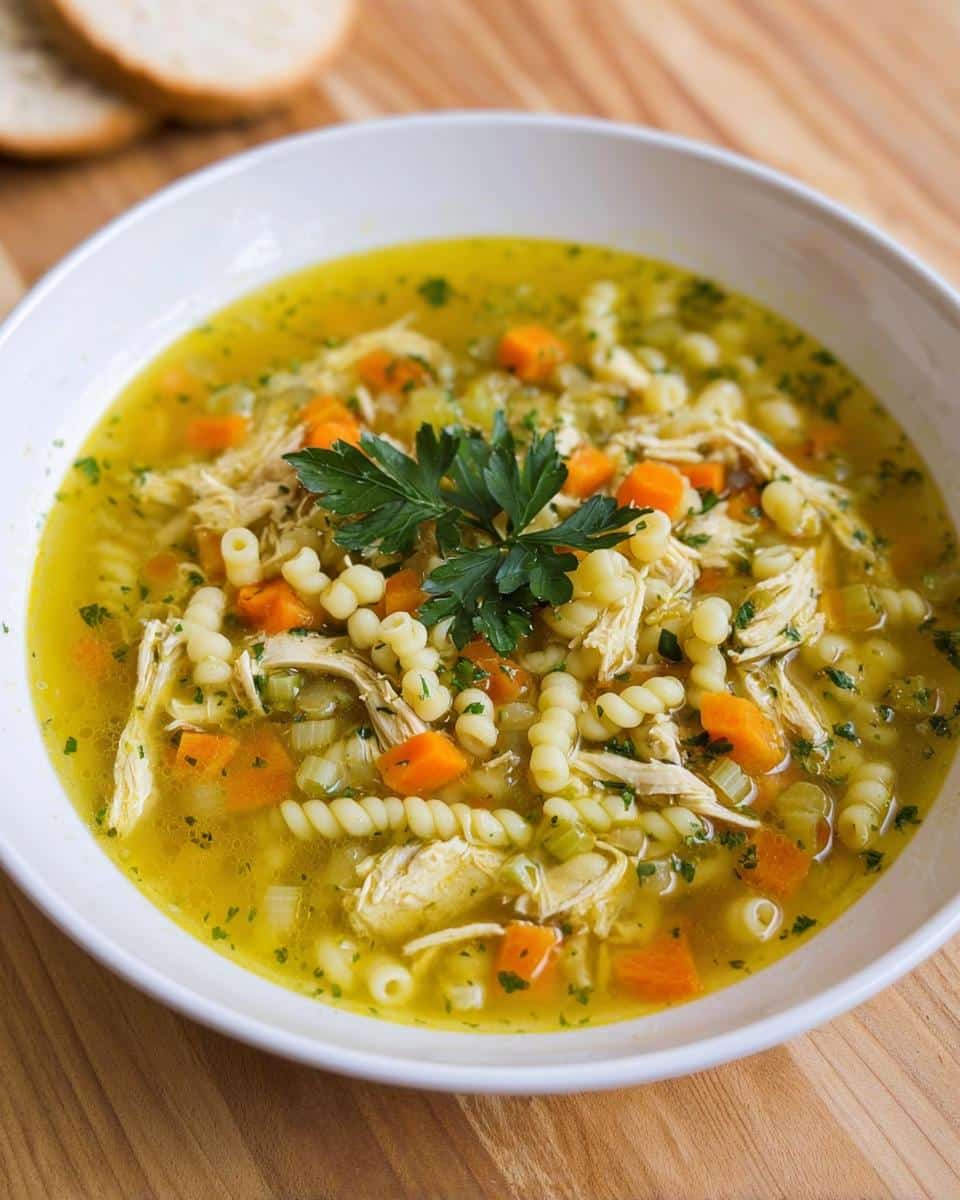 A close-up of a bowl of Lemon Chicken Immune Soup featuring shredded chicken, rotini pasta, carrots, and parsley garnish.