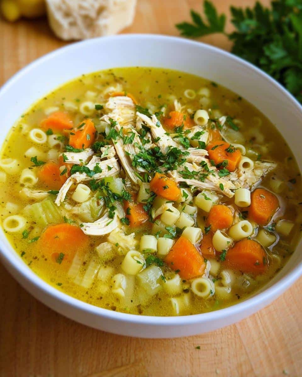 Close-up of a white bowl filled with Lemon Chicken Immune Soup, featuring shredded chicken, carrots, celery, and ditalini pasta.