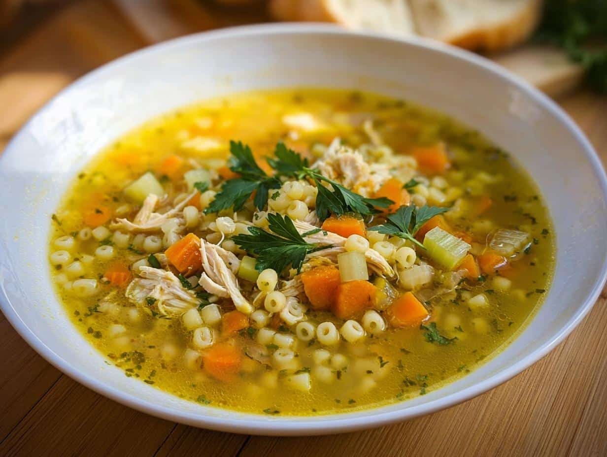 A close-up of a white bowl filled with Lemon Chicken Immune Soup, featuring shredded chicken, carrots, celery, and small pasta.