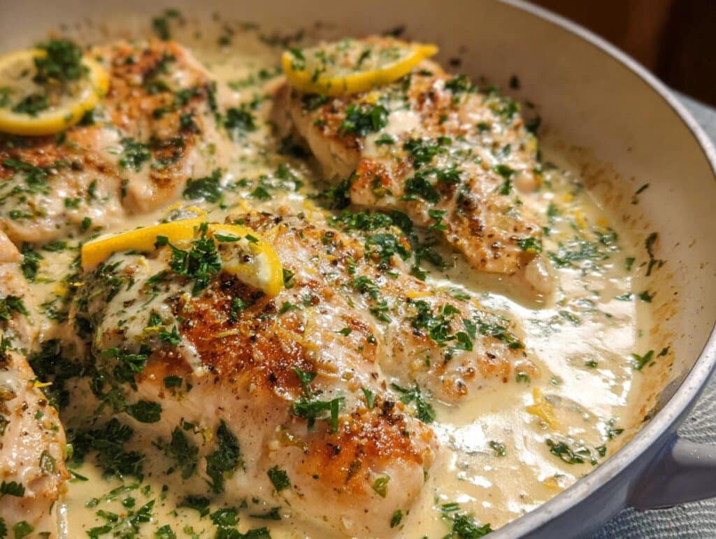 Close-up of seared chicken breasts simmering in a rich Lemon Garlic Cream Chicken Skillet sauce, topped with parsley and lemon slices.