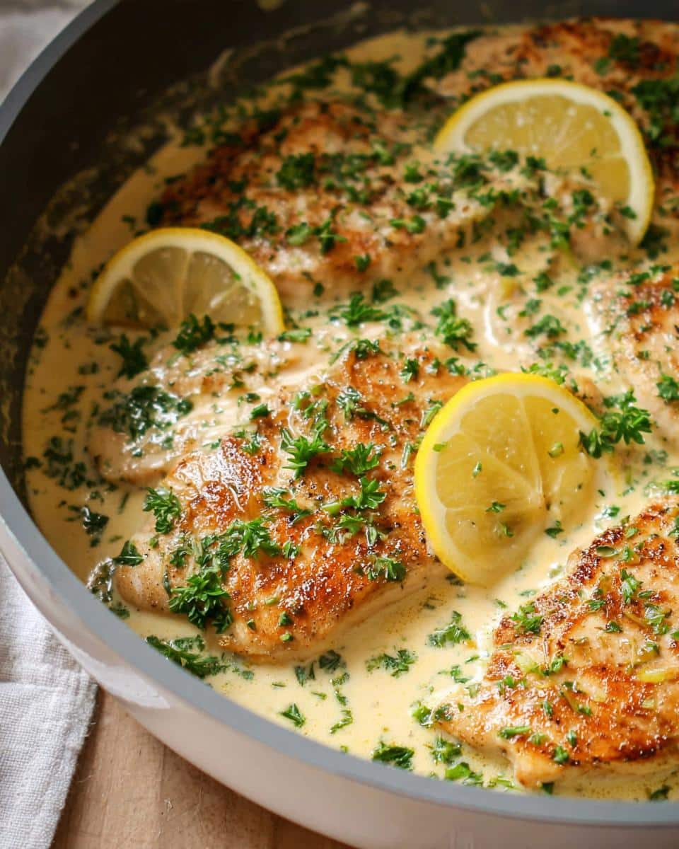 Close-up of seared chicken breasts simmering in a rich Lemon Garlic Cream Chicken Skillet sauce, garnished with parsley and lemon slices.