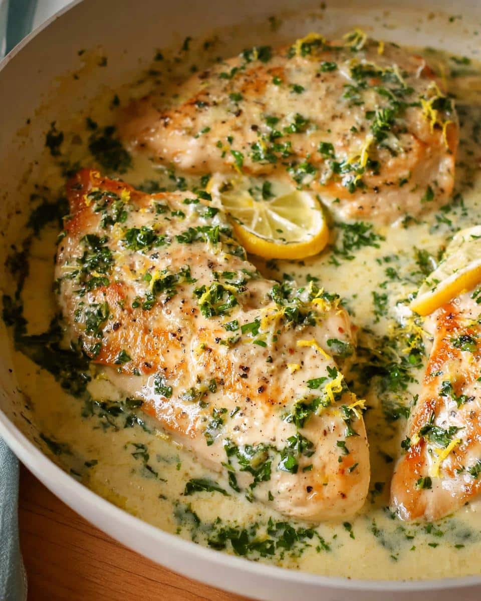 Close-up of seared chicken breasts in a creamy sauce, garnished with parsley and lemon slices for Lemon Garlic Cream Chicken Skillet.