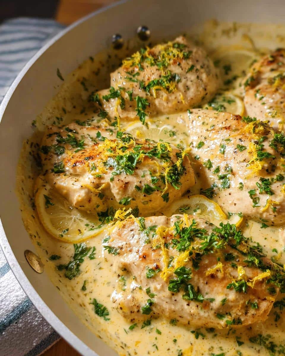 Close-up of seared chicken breasts simmering in a rich Lemon Garlic Cream Chicken Skillet sauce, topped with parsley and lemon zest.