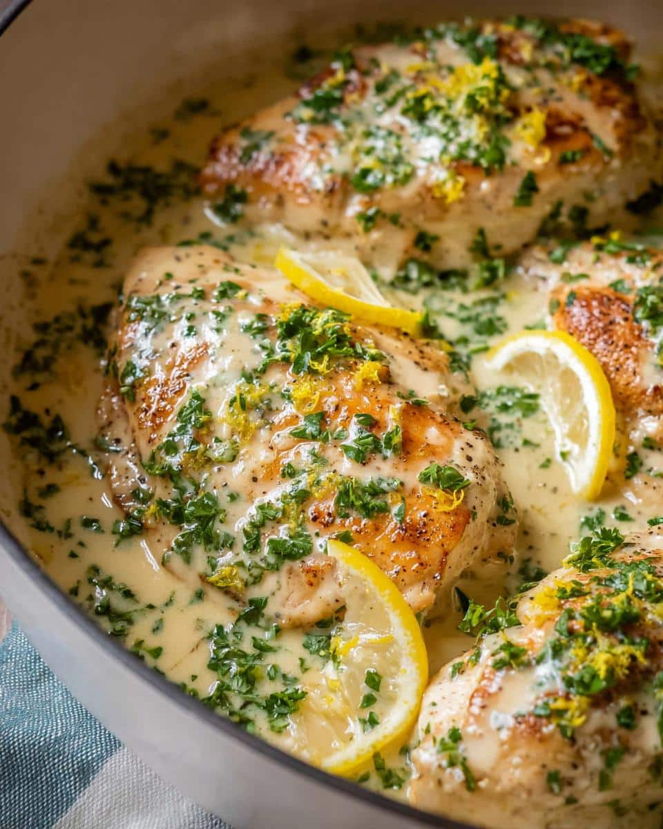Close-up of seared chicken breasts simmering in a creamy sauce, garnished with lemon slices and parsley for Lemon Garlic Cream Chicken Skillet.